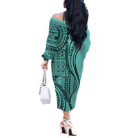 Samoa Siapo Arty Off The Shoulder Long Sleeve Dress Turquoise Style - Wonder Print Shop