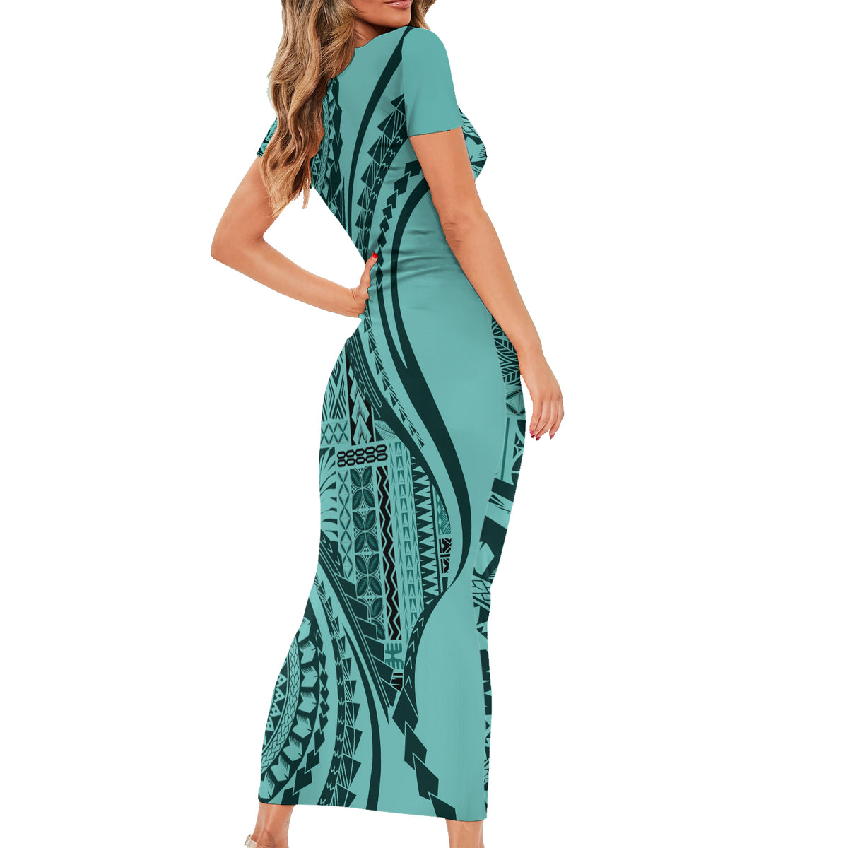 Samoa Siapo Arty Short Sleeve Bodycon Dress Turquoise Style - Wonder Print Shop