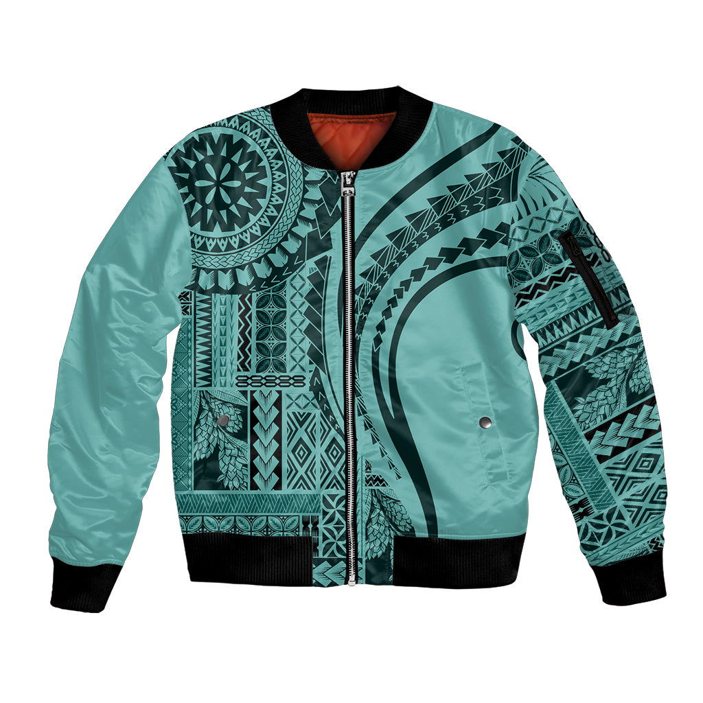 Samoa Siapo Arty Sleeve Zip Bomber Jacket Turquoise Style - Wonder Print Shop