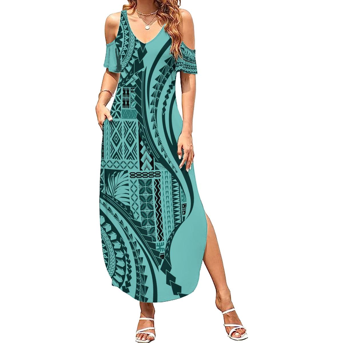 Samoa Siapo Arty Summer Maxi Dress Turquoise Style - Wonder Print Shop