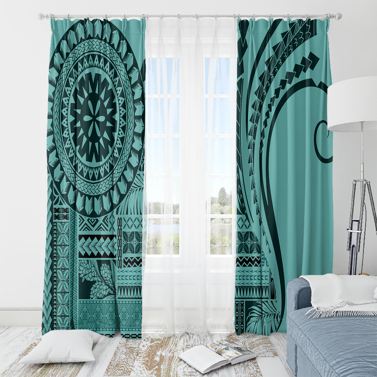 Samoa Siapo Arty Window Curtain Turquoise Style - Wonder Print Shop