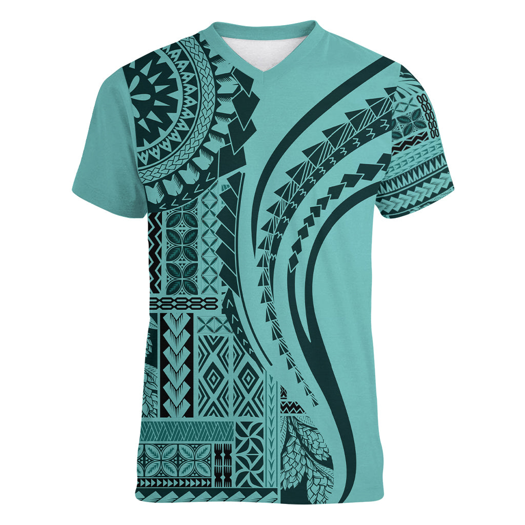Samoa Siapo Arty Women V Neck T Shirt Turquoise Style - Wonder Print Shop