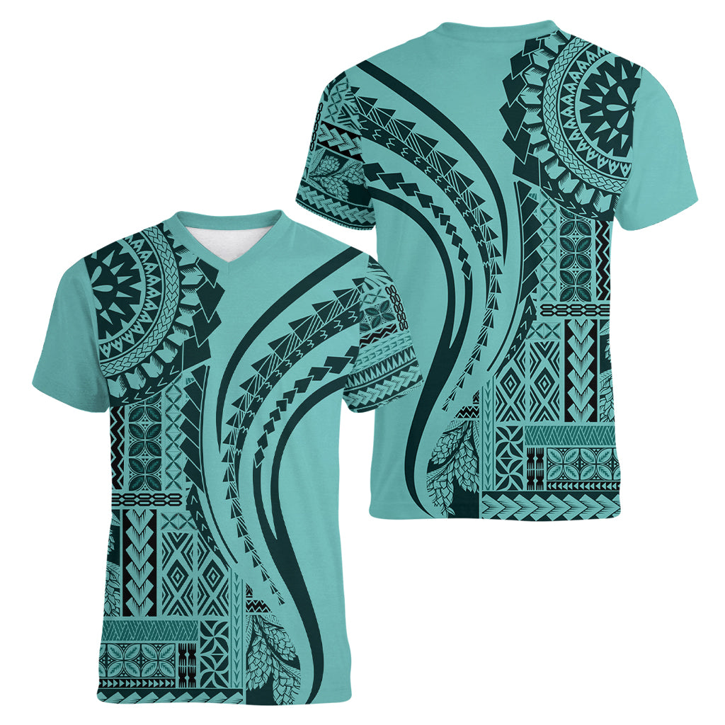 Samoa Siapo Arty Women V Neck T Shirt Turquoise Style - Wonder Print Shop