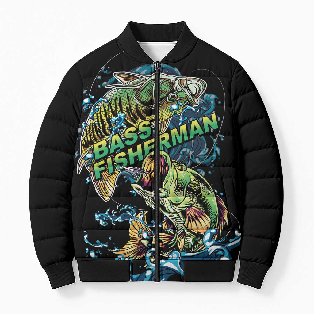 Bass Fishing Fisherman Bomber Puffer Jacket Big Mouth Boat - Wonder Print Shop