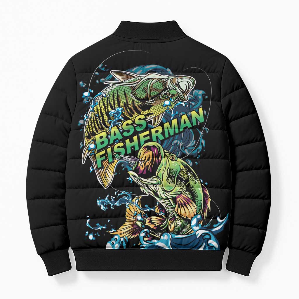 Bass Fishing Fisherman Bomber Puffer Jacket Big Mouth Boat - Wonder Print Shop