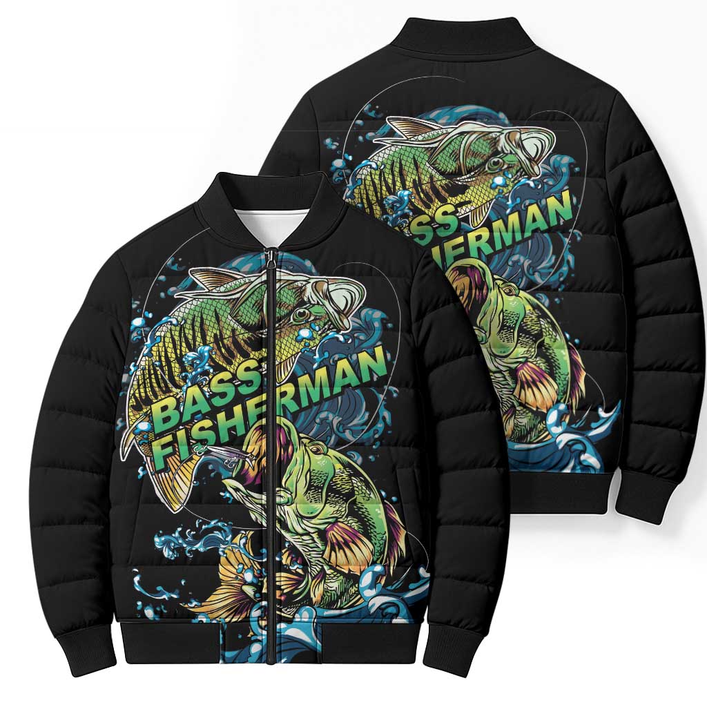 Bass Fishing Fisherman Bomber Puffer Jacket Big Mouth Boat - Wonder Print Shop