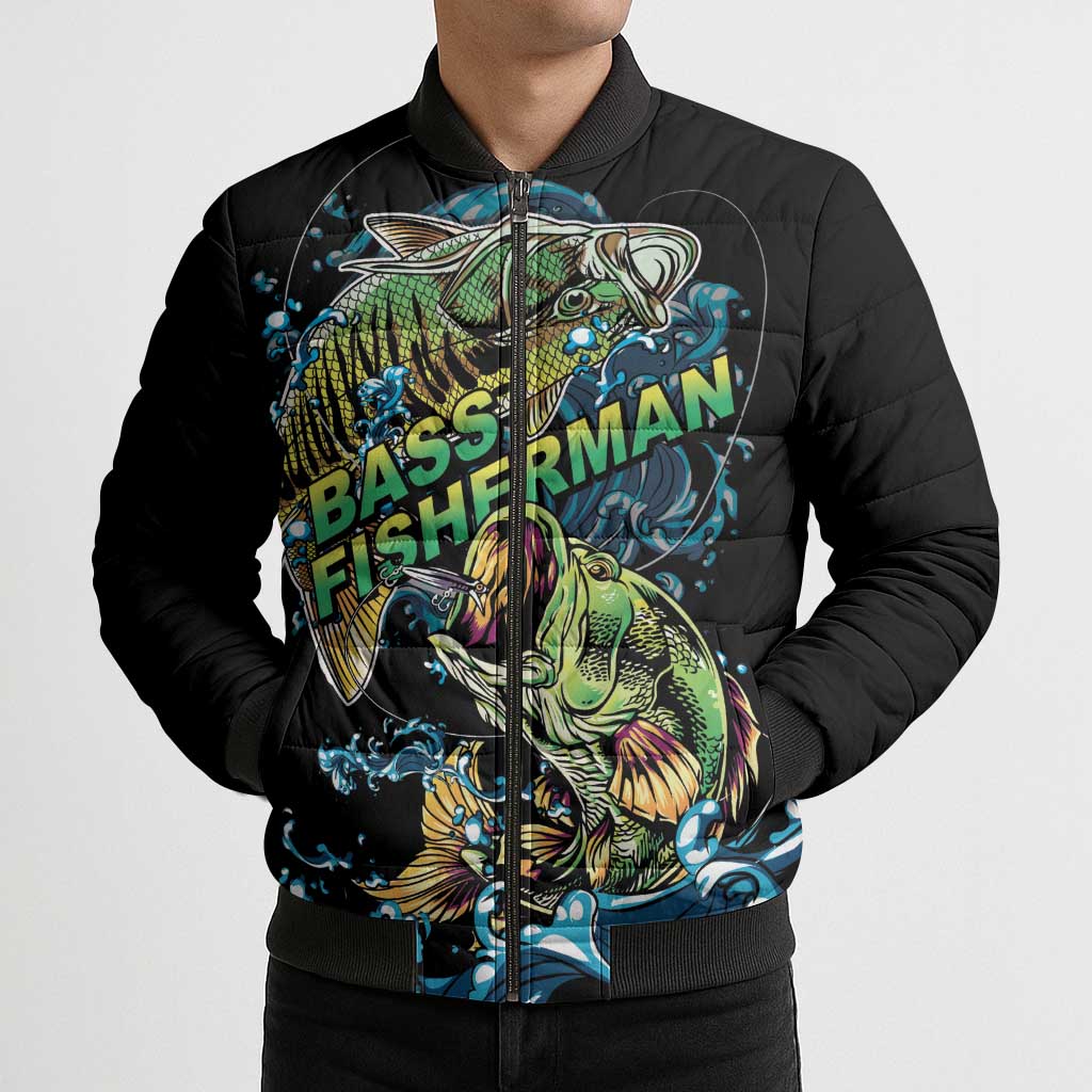 Bass Fishing Fisherman Bomber Puffer Jacket Big Mouth Boat - Wonder Print Shop