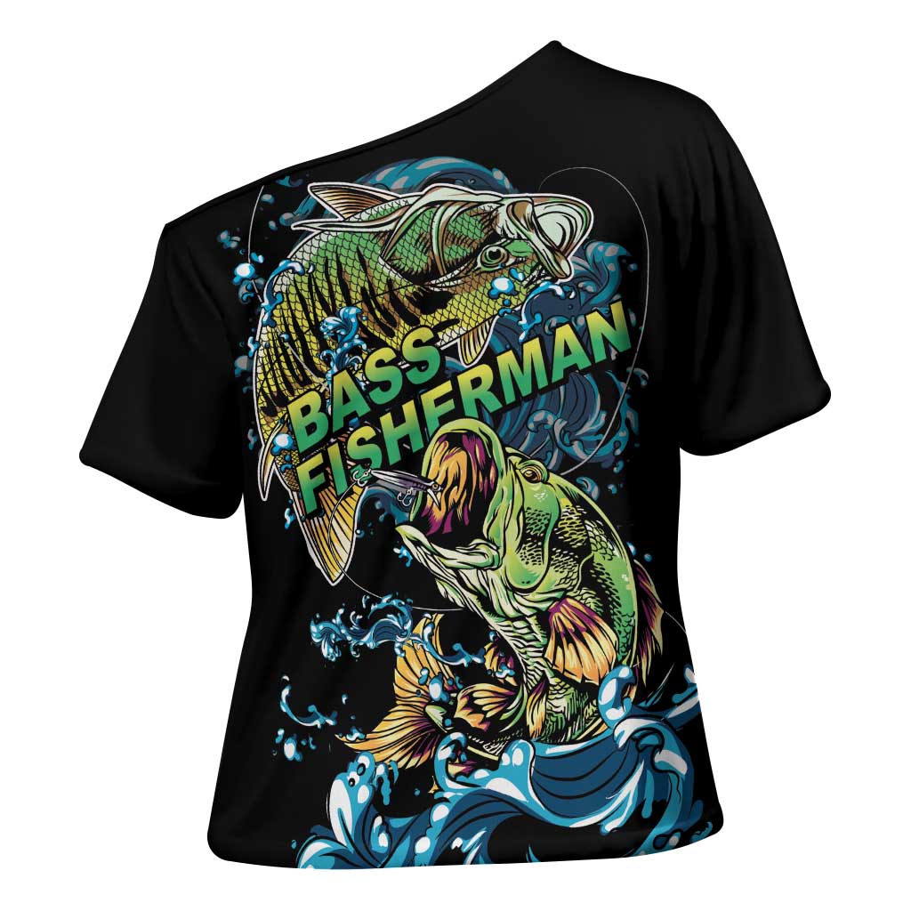 Bass Fishing Fisherman Cross Shoulder Shirt Big Mouth Boat - Wonder Print Shop