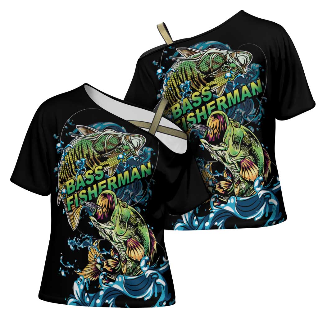 Bass Fishing Fisherman Cross Shoulder Shirt Big Mouth Boat - Wonder Print Shop