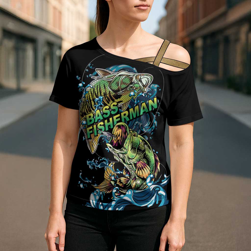 Bass Fishing Fisherman Cross Shoulder Shirt Big Mouth Boat - Wonder Print Shop