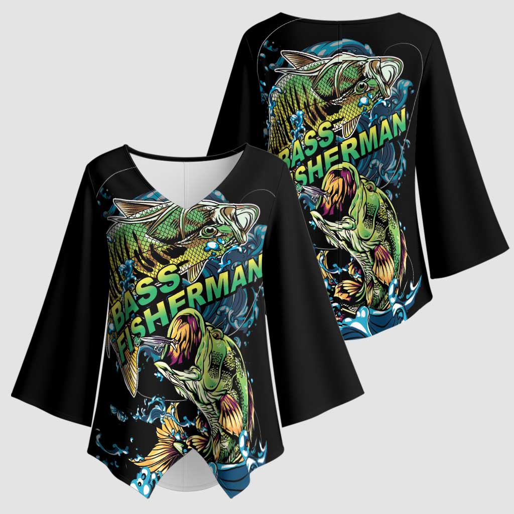 Bass Fishing Fisherman Kimono Sleeve Blouse Big Mouth Boat - Wonder Print Shop