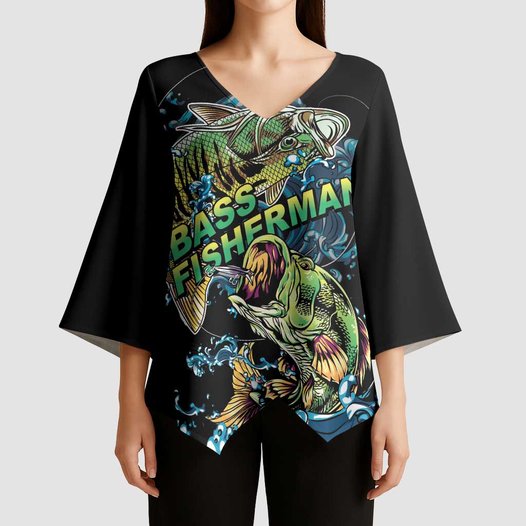 Bass Fishing Fisherman Kimono Sleeve Blouse Big Mouth Boat - Wonder Print Shop