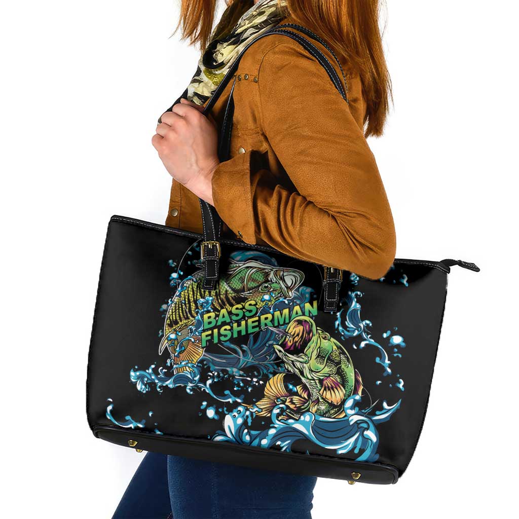 Bass Fishing Fisherman Leather Tote Bag Big Mouth Boat - Wonder Print Shop