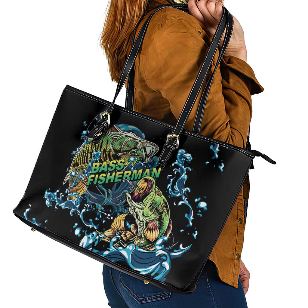 Bass Fishing Fisherman Leather Tote Bag Big Mouth Boat - Wonder Print Shop