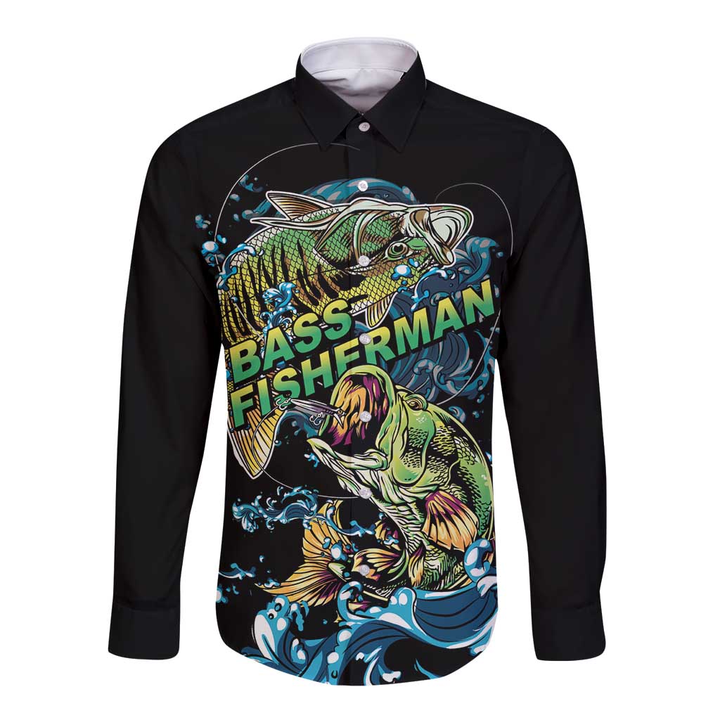 Bass Fishing Fisherman Long Sleeve Button Shirt Big Mouth Boat - Wonder Print Shop