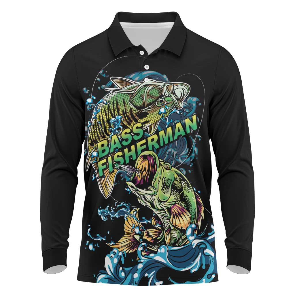 Bass Fishing Fisherman Long Sleeve Polo Shirt Big Mouth Boat - Wonder Print Shop