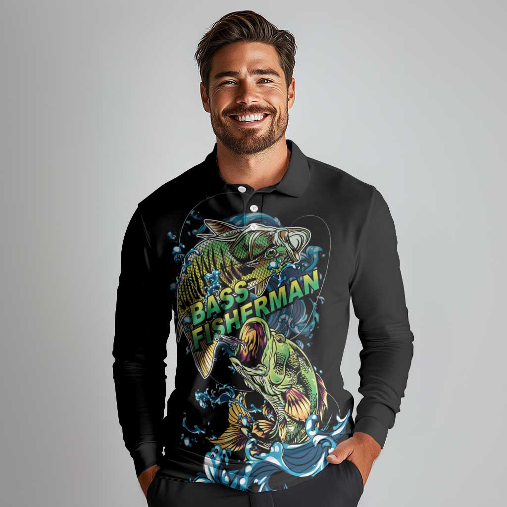 Bass Fishing Fisherman Long Sleeve Polo Shirt Big Mouth Boat - Wonder Print Shop