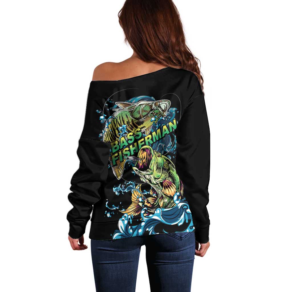 Bass Fishing Fisherman Off Shoulder Sweater Big Mouth Boat - Wonder Print Shop
