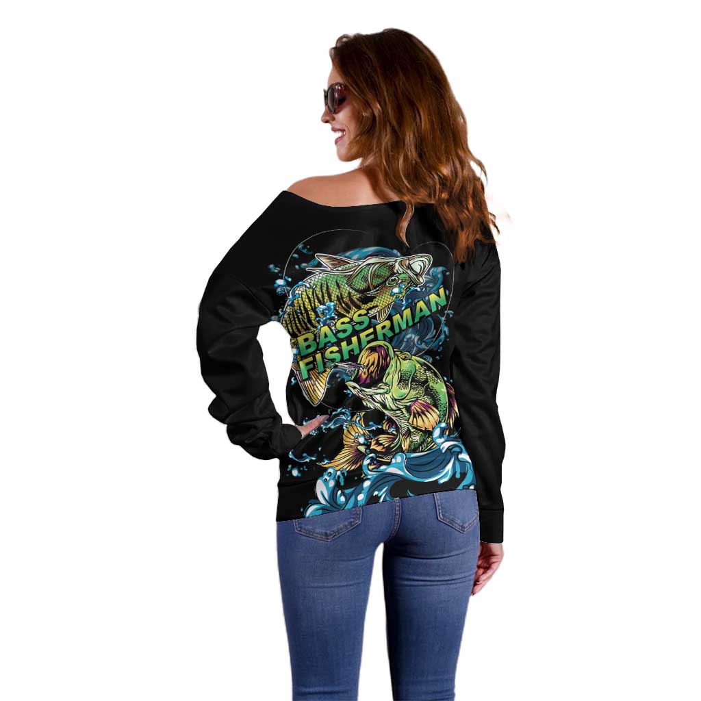 Bass Fishing Fisherman Off Shoulder Sweater Big Mouth Boat - Wonder Print Shop