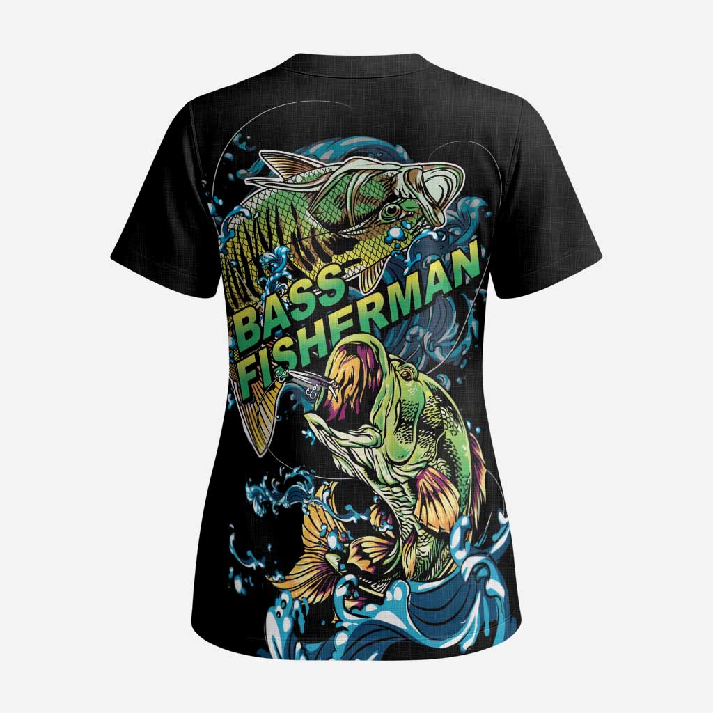 Bass Fishing Fisherman Scrub Top Big Mouth Boat - Wonder Print Shop