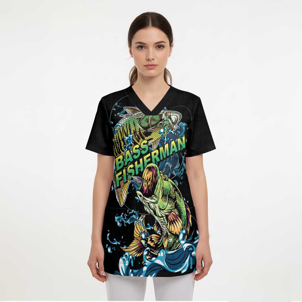 Bass Fishing Fisherman Scrub Top Big Mouth Boat - Wonder Print Shop