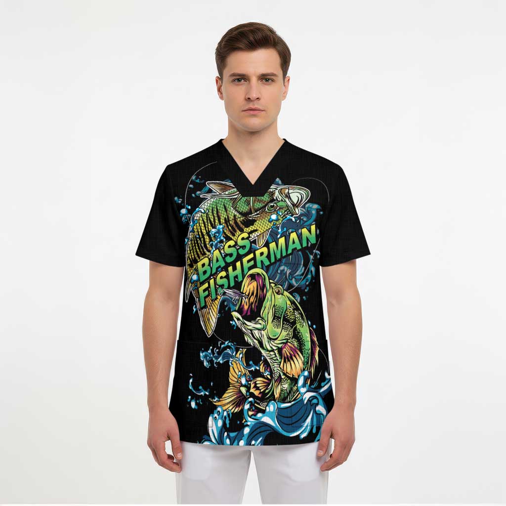 Bass Fishing Fisherman Scrub Top Big Mouth Boat - Wonder Print Shop