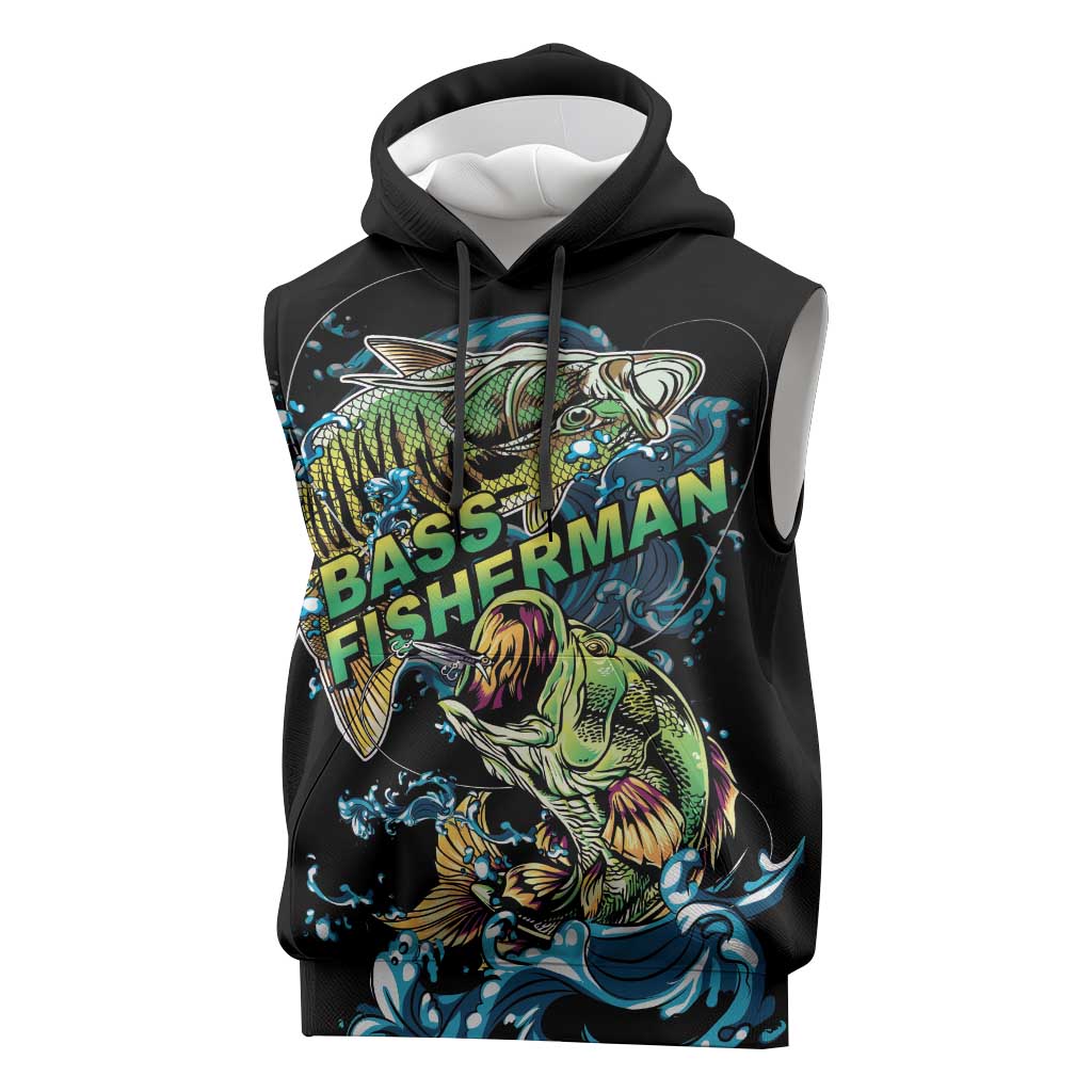 Bass Fishing Fisherman Sleeveless Hoodie Big Mouth Boat - Wonder Print Shop