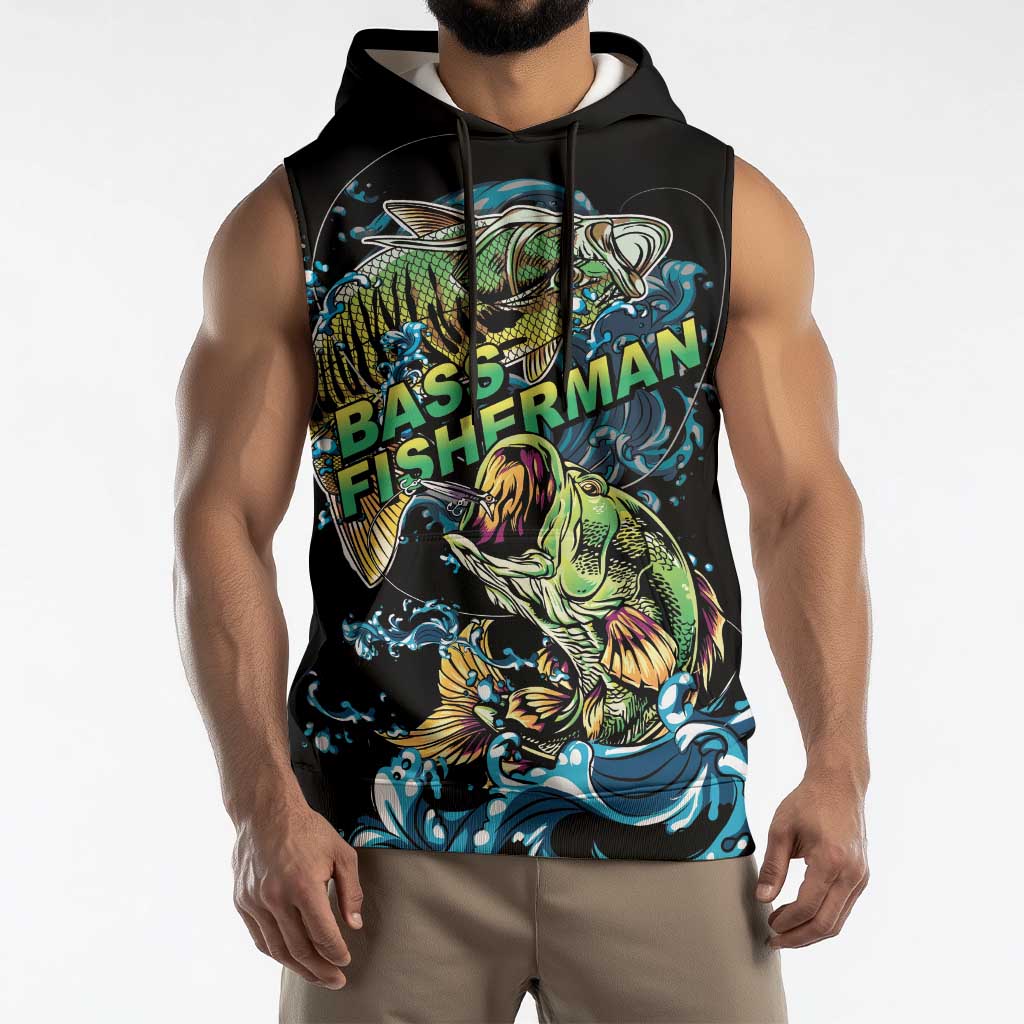 Bass Fishing Fisherman Sleeveless Hoodie Big Mouth Boat - Wonder Print Shop