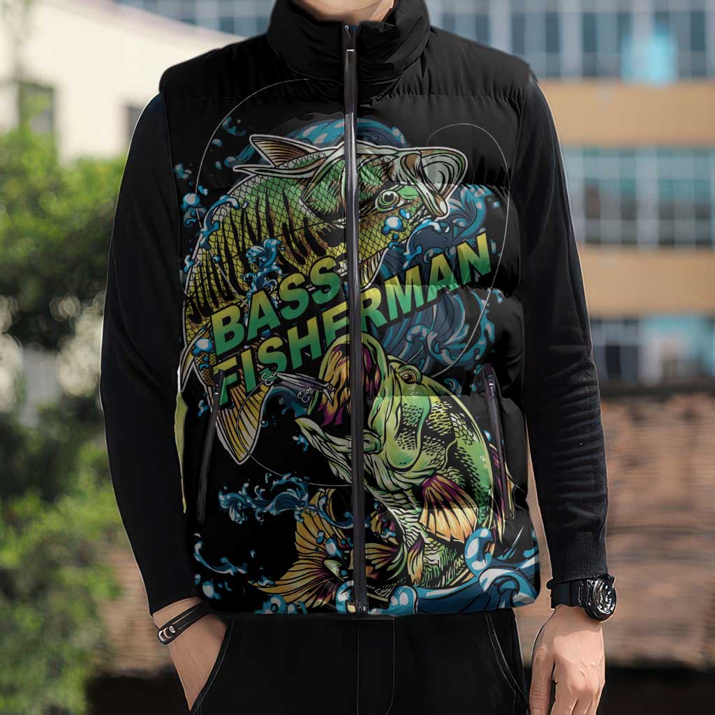 Bass Fishing Fisherman Sleeveless Puffer Jacket Big Mouth Boat - Wonder Print Shop