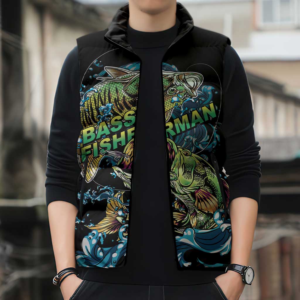 Bass Fishing Fisherman Sleeveless Puffer Jacket Big Mouth Boat - Wonder Print Shop