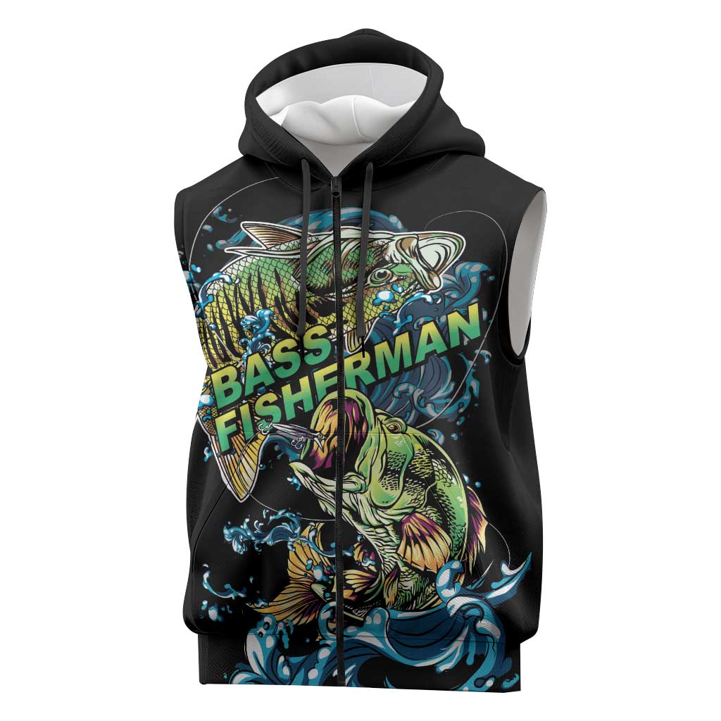 Bass Fishing Fisherman Sleeveless Zip Hoodie Big Mouth Boat - Wonder Print Shop
