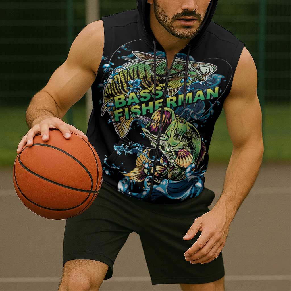 Bass Fishing Fisherman Sleeveless Zip Hoodie Big Mouth Boat - Wonder Print Shop