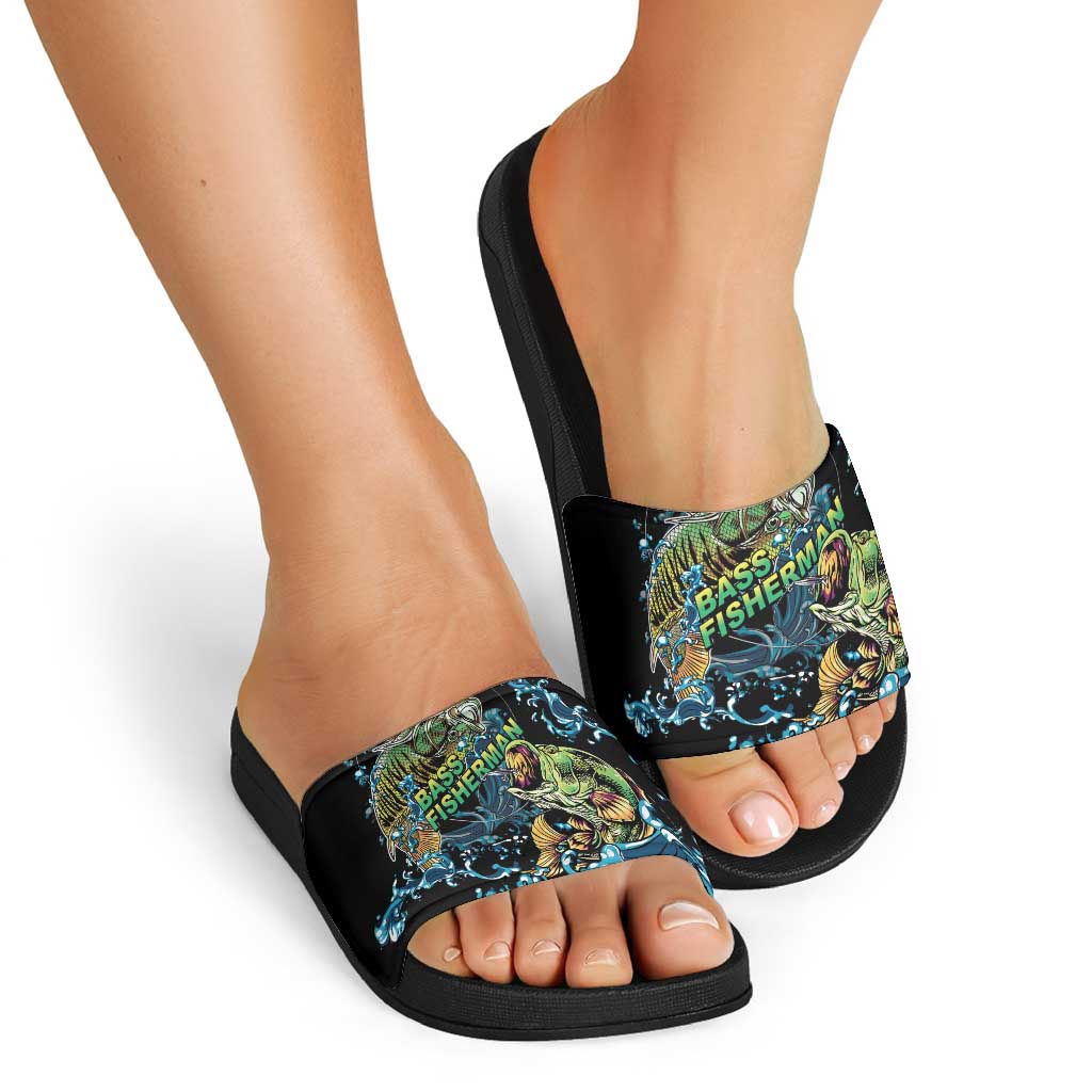 Bass Fishing Fisherman Slide Sandals Big Mouth Boat - Wonder Print Shop