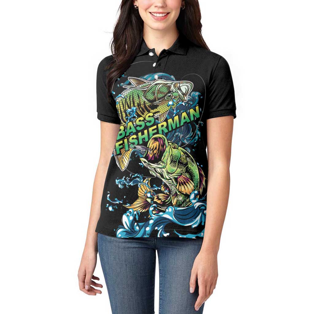 Bass Fishing Fisherman Women Polo Shirt Big Mouth Boat - Wonder Print Shop