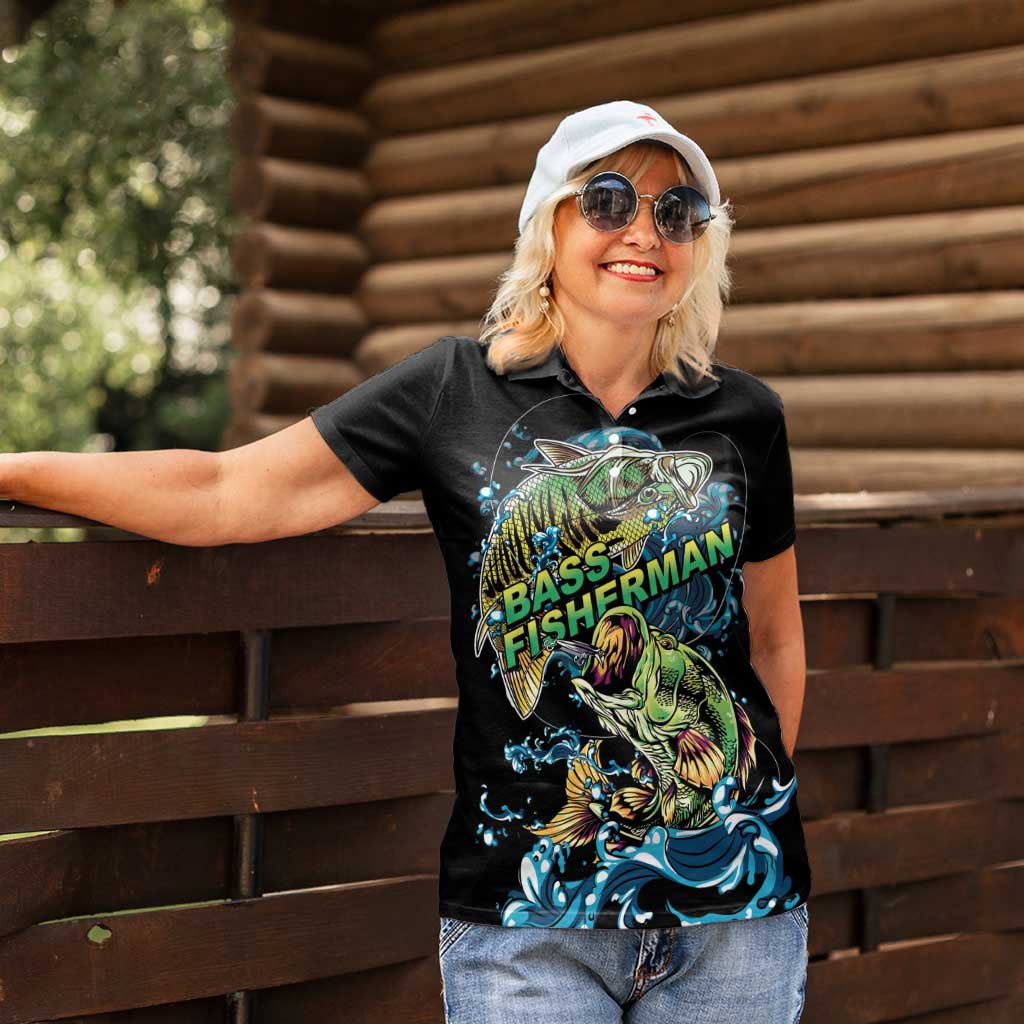 Bass Fishing Fisherman Women Polo Shirt Big Mouth Boat - Wonder Print Shop