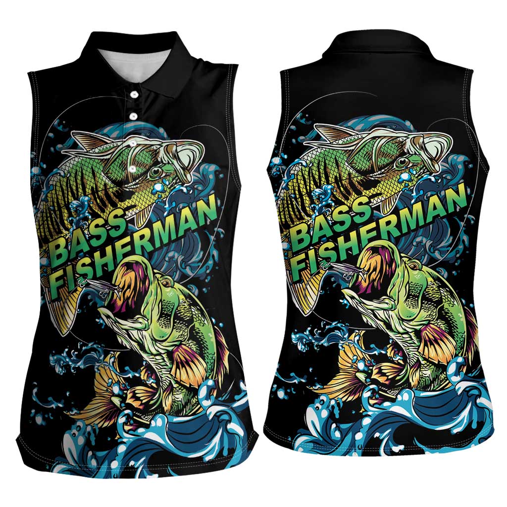 Bass Fishing Fisherman Women Sleeveless Polo Shirt Big Mouth Boat - Wonder Print Shop