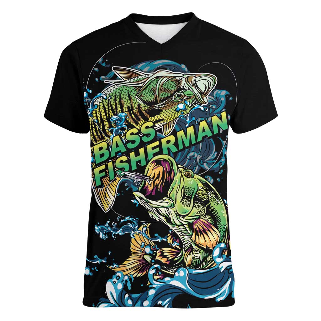 Bass Fishing Fisherman Women V-Neck T-Shirt Big Mouth Boat - Wonder Print Shop