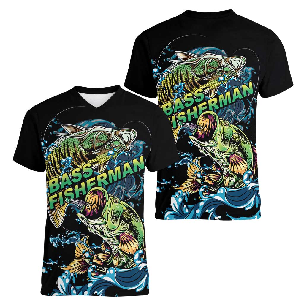 Bass Fishing Fisherman Women V-Neck T-Shirt Big Mouth Boat - Wonder Print Shop