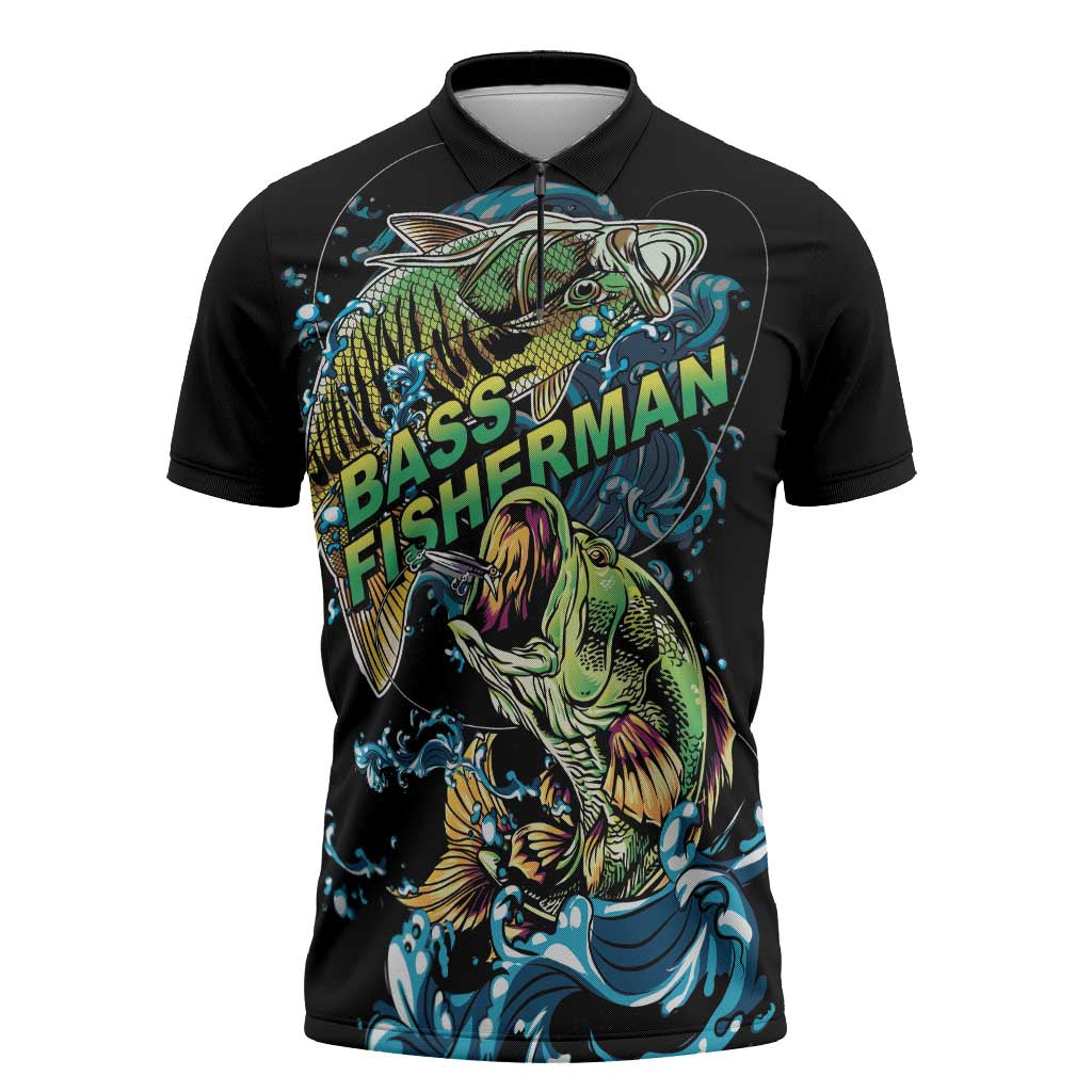 Bass Fishing Fisherman Zipper Polo Shirt Big Mouth Boat - Wonder Print Shop