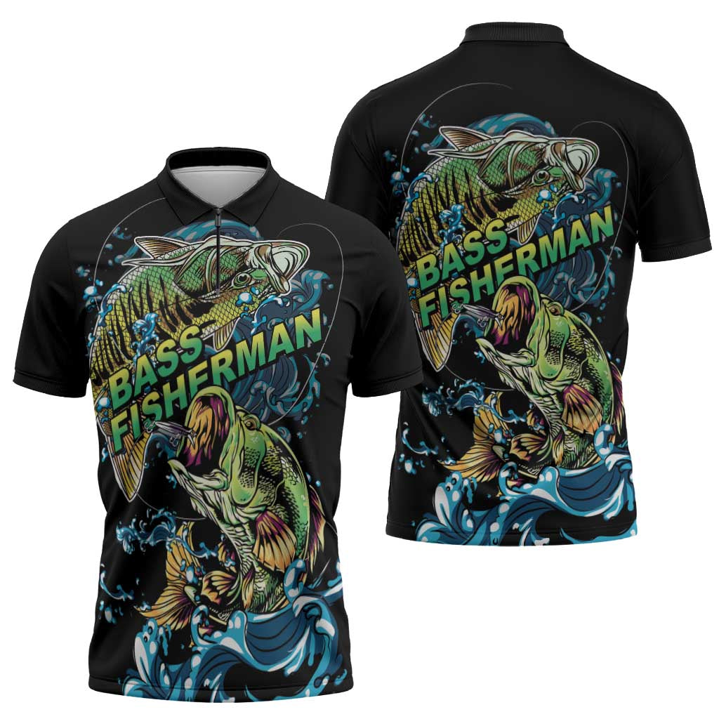Bass Fishing Fisherman Zipper Polo Shirt Big Mouth Boat - Wonder Print Shop