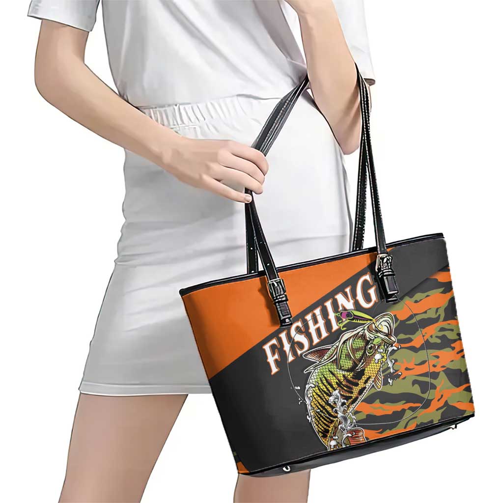 Bass Fishing Fisherman Leather Tote Bag Camouflag Pattern - Wonder Print Shop