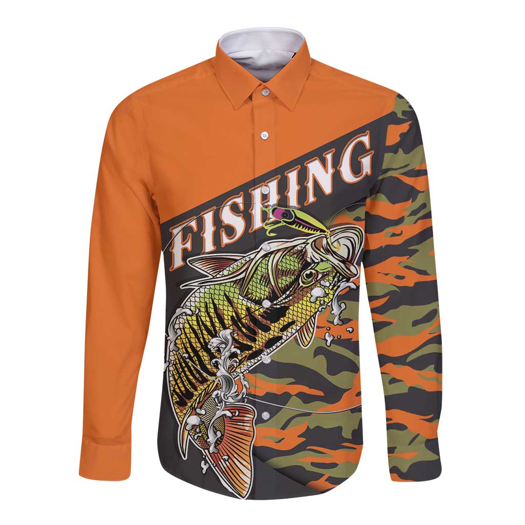 Bass Fishing Fisherman Long Sleeve Button Shirt Camouflag Pattern - Wonder Print Shop