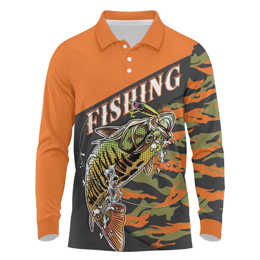 Bass Fishing Fisherman Long Sleeve Polo Shirt Camouflag Pattern - Wonder Print Shop