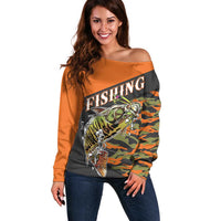 Bass Fishing Fisherman Off Shoulder Sweater Camouflag Pattern - Wonder Print Shop