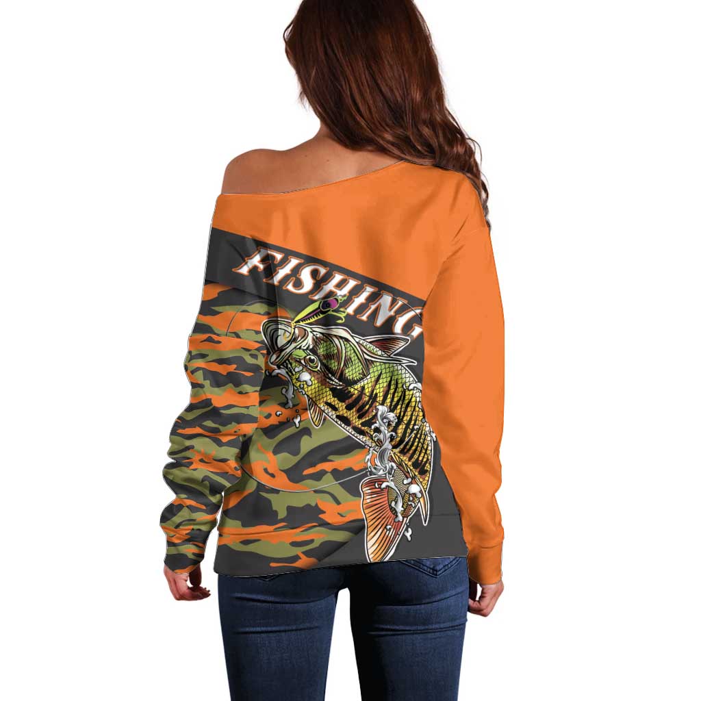 Bass Fishing Fisherman Off Shoulder Sweater Camouflag Pattern - Wonder Print Shop