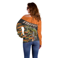 Bass Fishing Fisherman Off Shoulder Sweater Camouflag Pattern - Wonder Print Shop