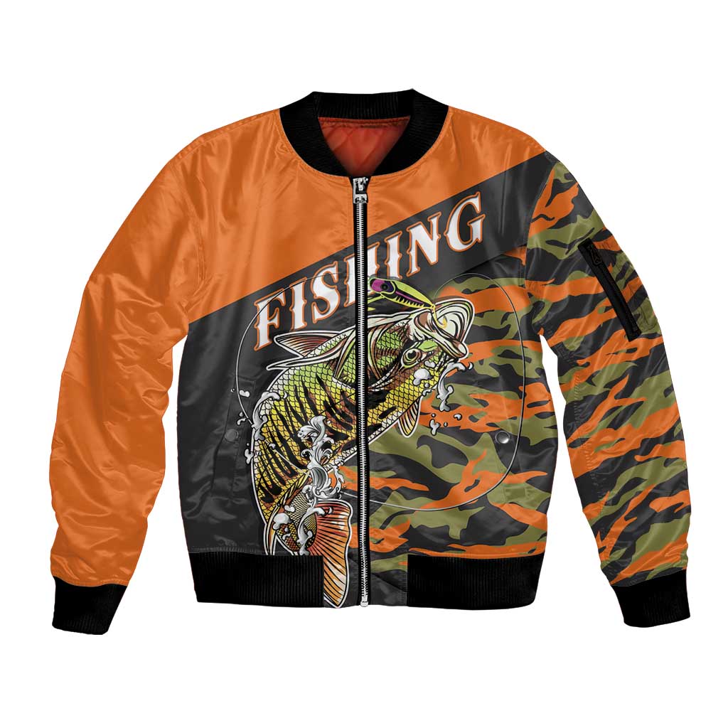 Bass Fishing Fisherman Sleeve Zip Bomber Jacket Camouflag Pattern - Wonder Print Shop