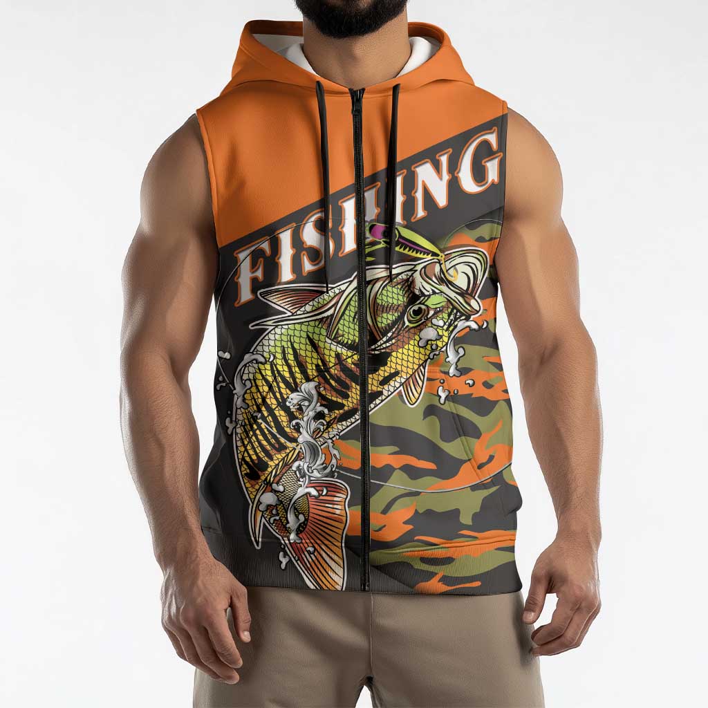 Bass Fishing Fisherman Sleeveless Zip Hoodie Camouflag Pattern - Wonder Print Shop