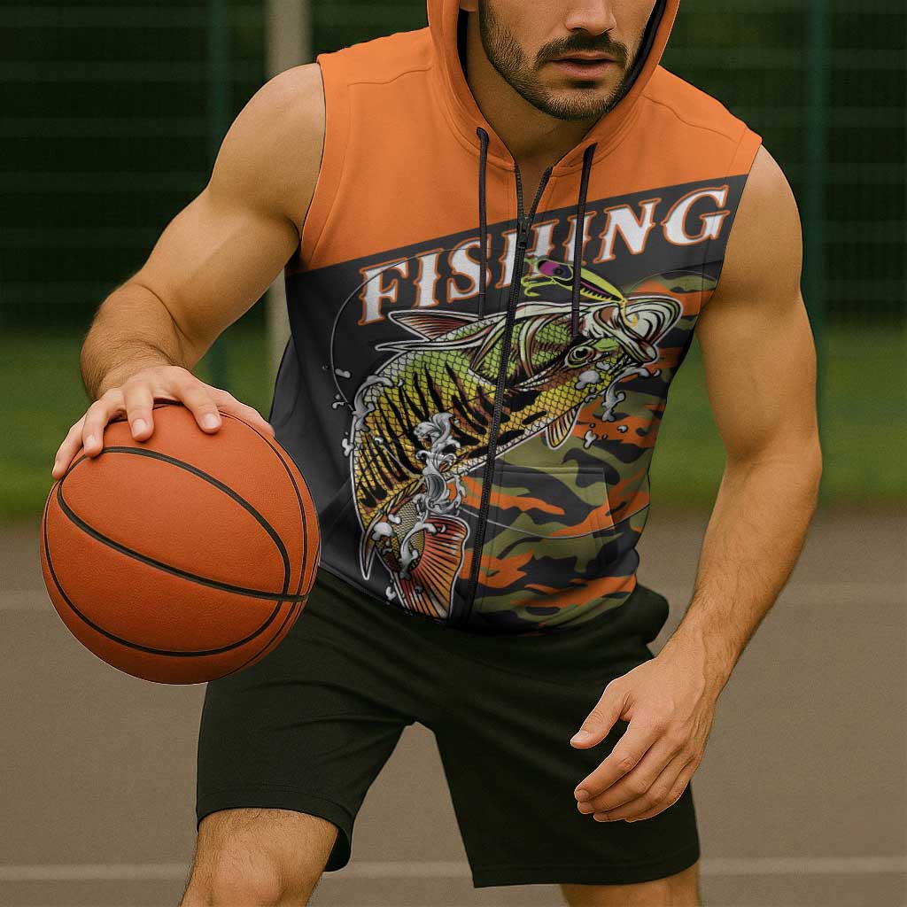 Bass Fishing Fisherman Sleeveless Zip Hoodie Camouflag Pattern - Wonder Print Shop