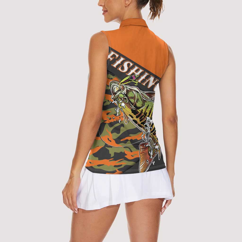 Bass Fishing Fisherman Women Sleeveless Polo Shirt Camouflag Pattern - Wonder Print Shop